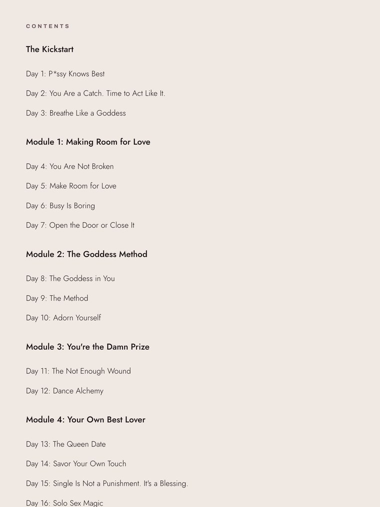 The Date Like a Queen journal, contents page listing all 33 days
