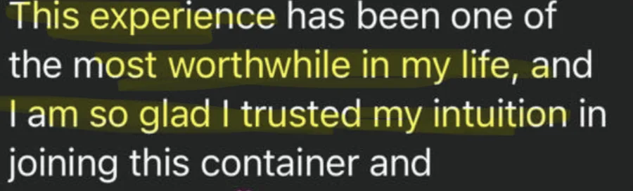 This experience has been one of the most worthwhile in my life, and I am so glad I trusted my intuition in joining this container.