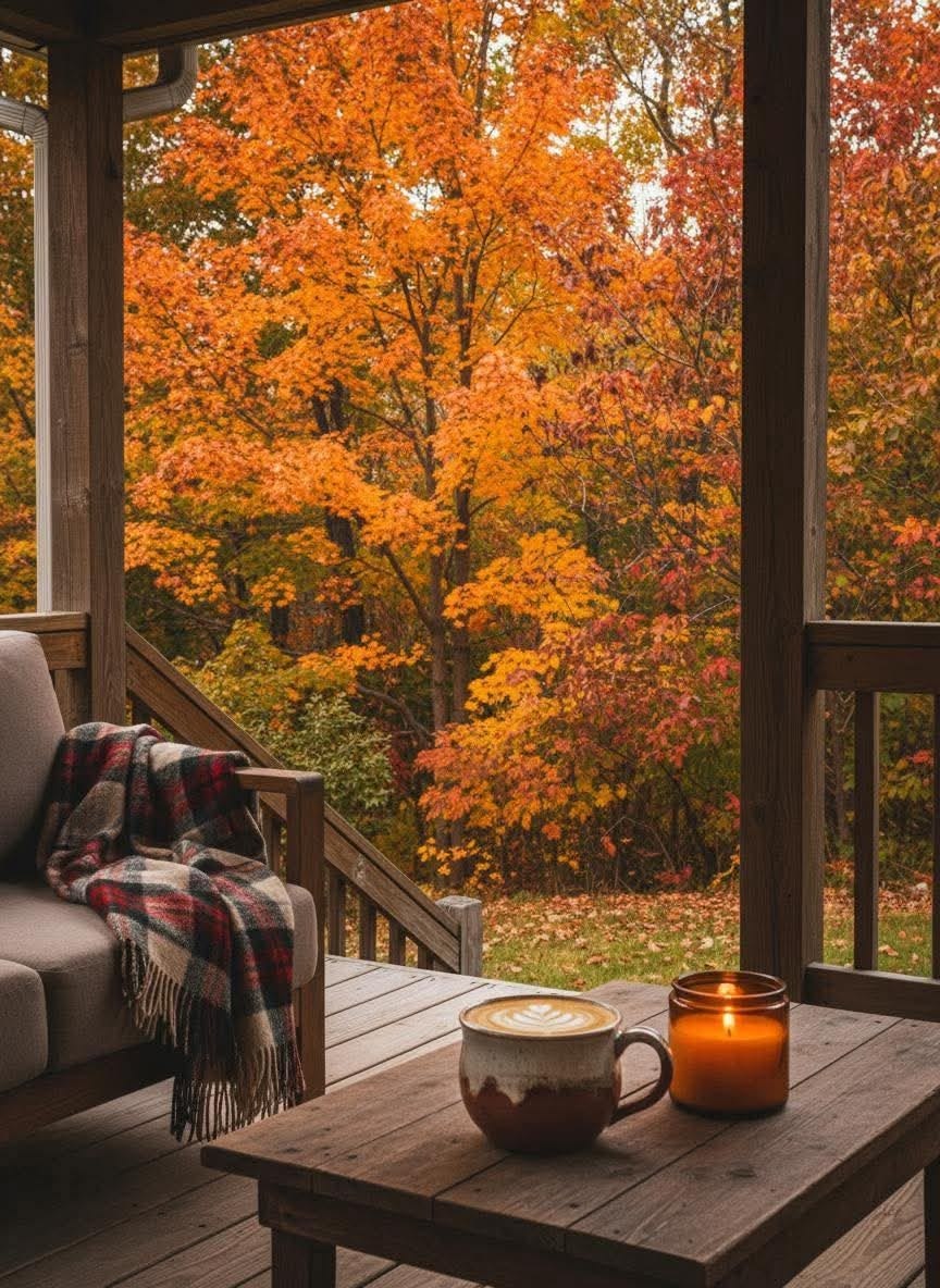 Latte and candle on a porch with orange foliage