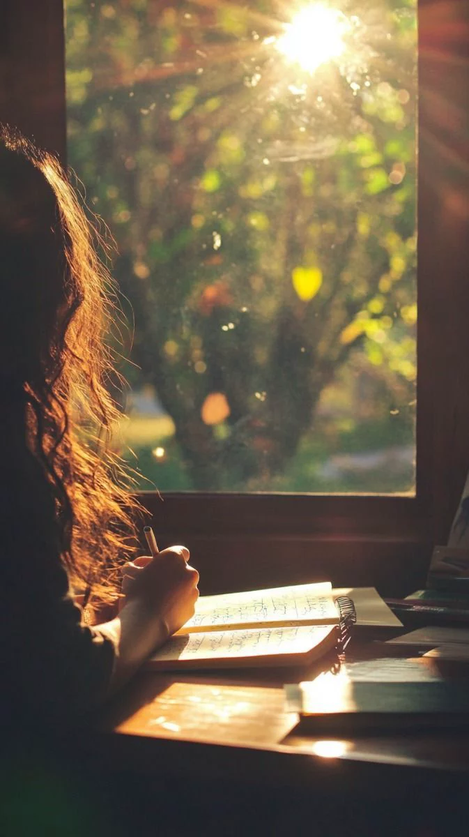 Woman writing in a notebook by a sunlit window with golden light streaming through the trees