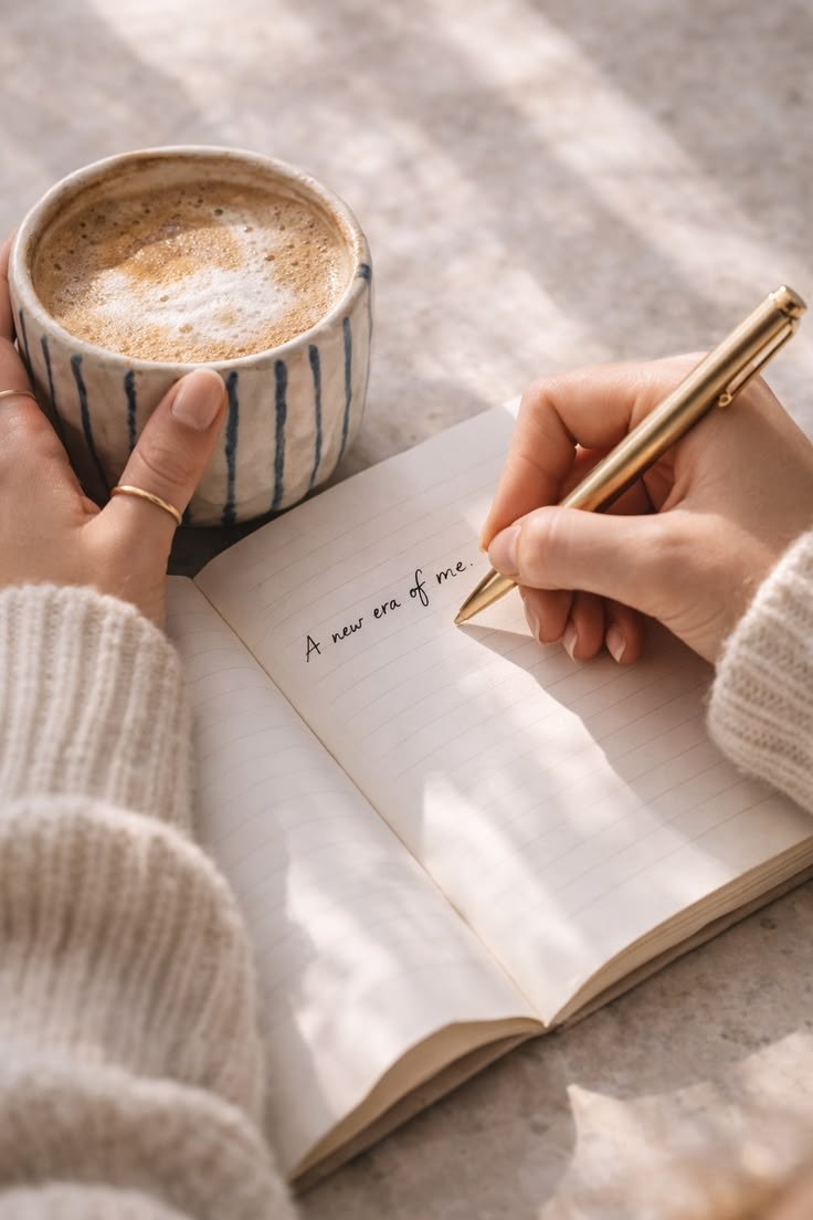 Hands writing "A new era of me" in a journal beside a cappuccino