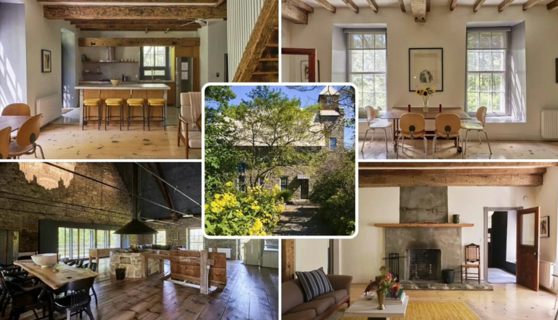 The retreat house: stone exterior framed by trees, a beamed kitchen and dining room, and a living room with an open stone fireplace