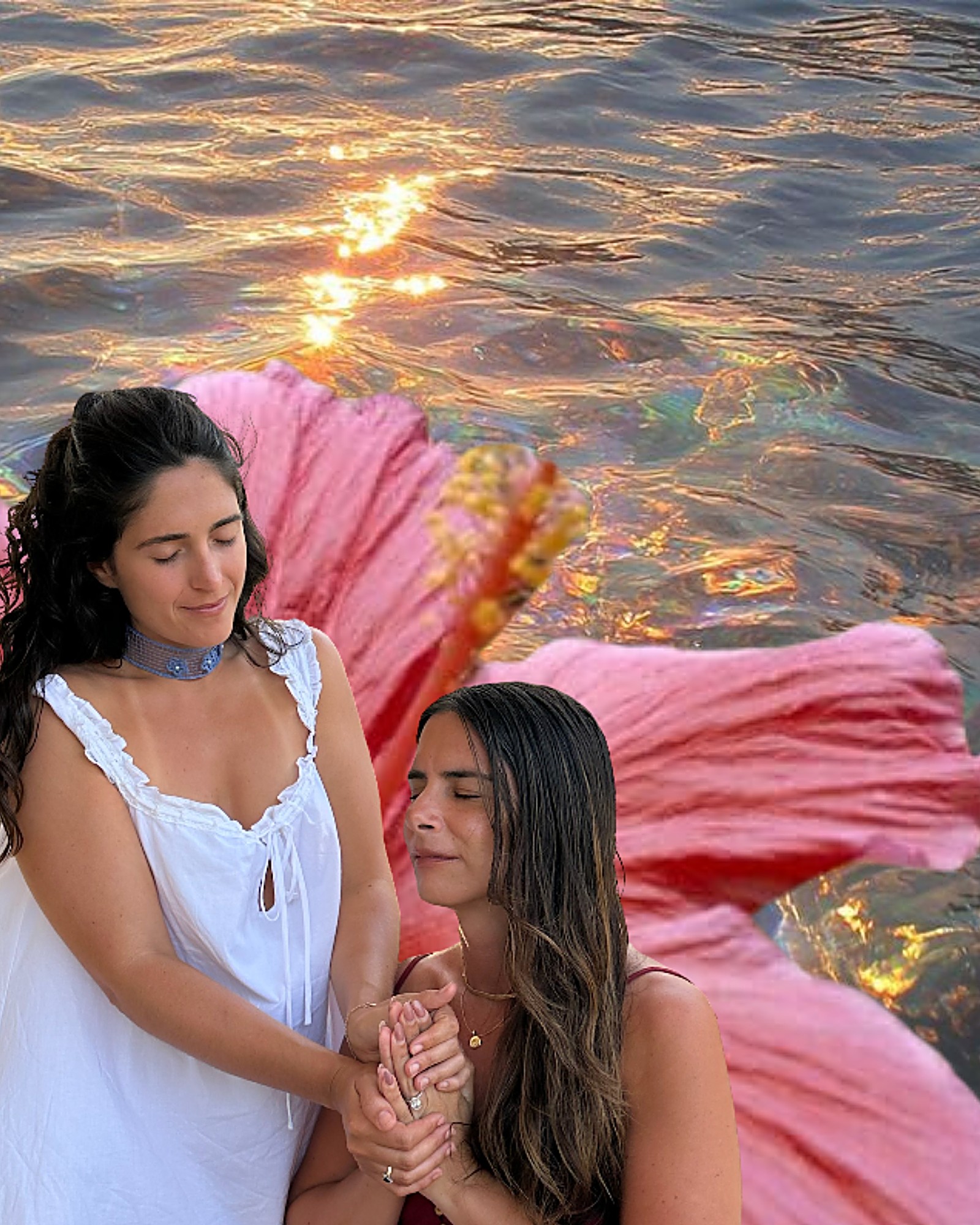 Collage of Samantha holding a woman's hands in front of a pink hibiscus and sunlit water